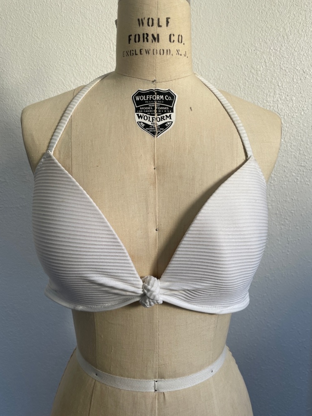 White Knot-Front Halter Swim Bralette w/ Gold shimmer